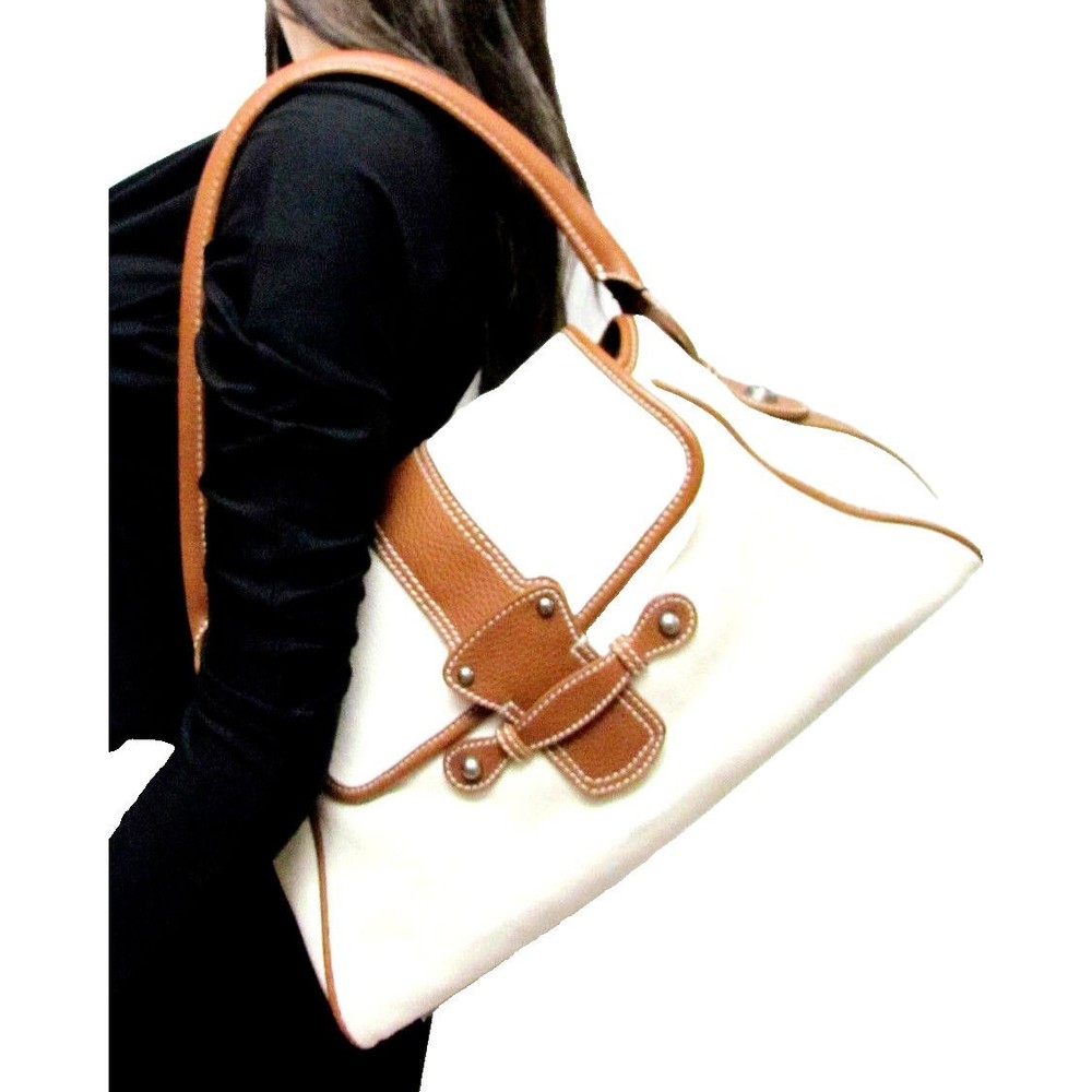 PRINGLE OF SCOTLAND BIEGE TAN CANVAS LEATHER TRIM LARGE DESIGNER SHOULDER BAG